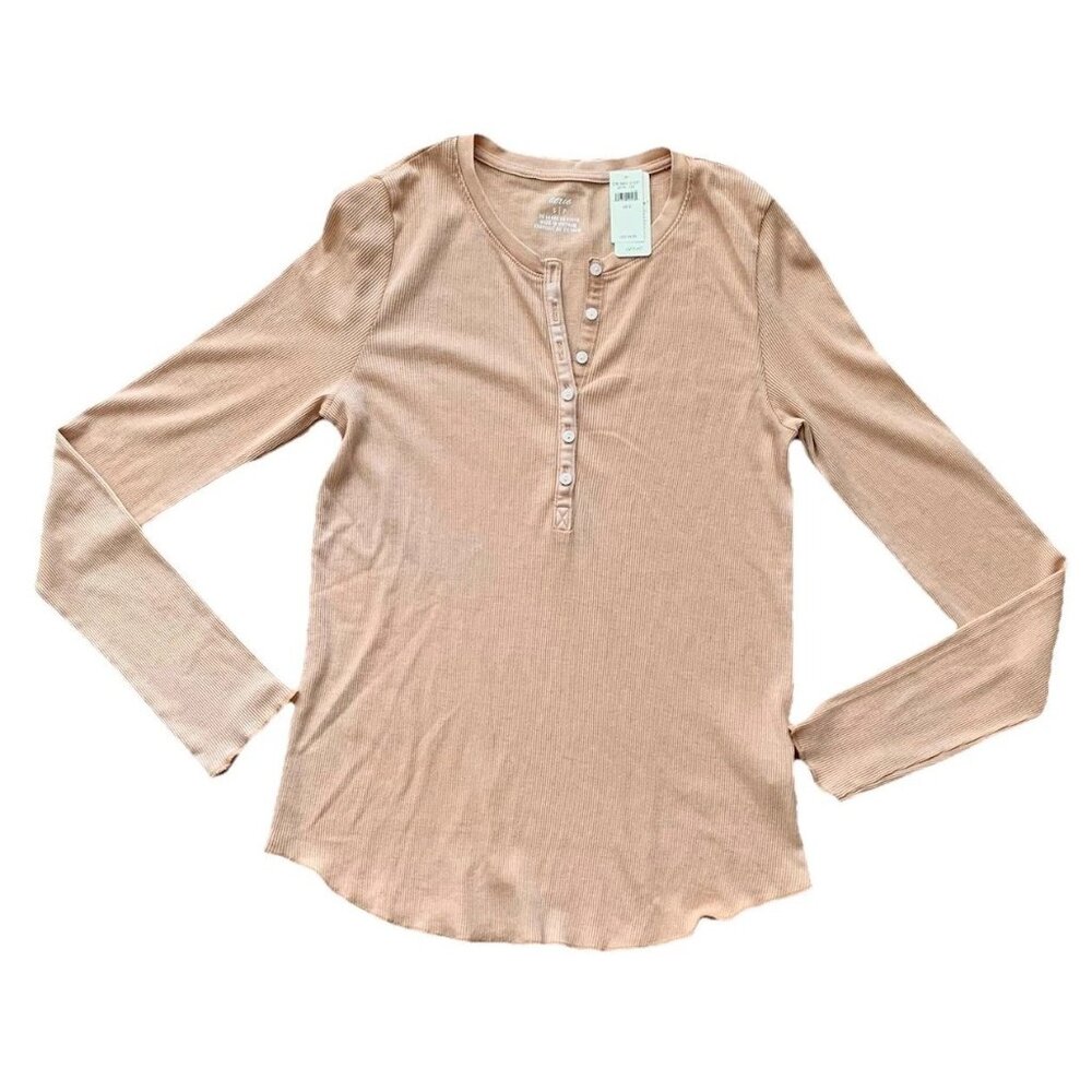 NWT Aerie Long Sleeve Beige Tan Ribbed Henley Top V-Neck Women’s Small